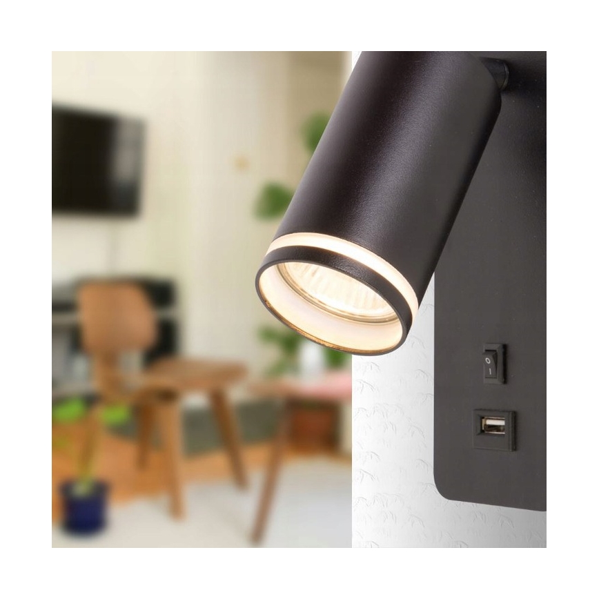 Kinkiet punktowy z ładowarką USB 1xGU10/35W/230V czarny