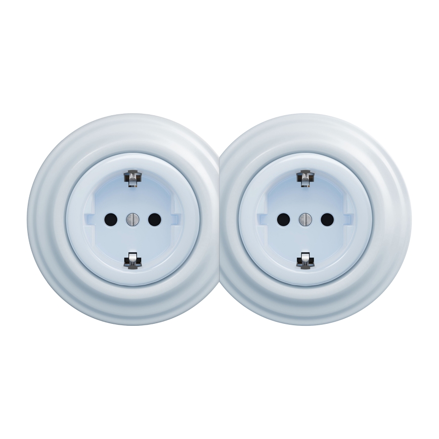 Kliklap - Podwójne gniazdko domowe w stylu retro z ramką, SCHUKO 230 V, niebieskie
