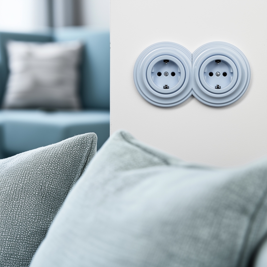Kliklap - Podwójne gniazdko domowe w stylu retro z ramką, SCHUKO 230 V, niebieskie