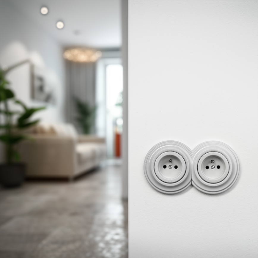 Kliklap - Podwójne retro gniazdko domowe z ramką 230 V, ceramiczne, białe