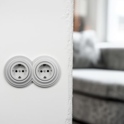 Kliklap - Podwójne retro gniazdo domowe z ramką (SCHUKO) 230V/16A, ceramiczne, białe