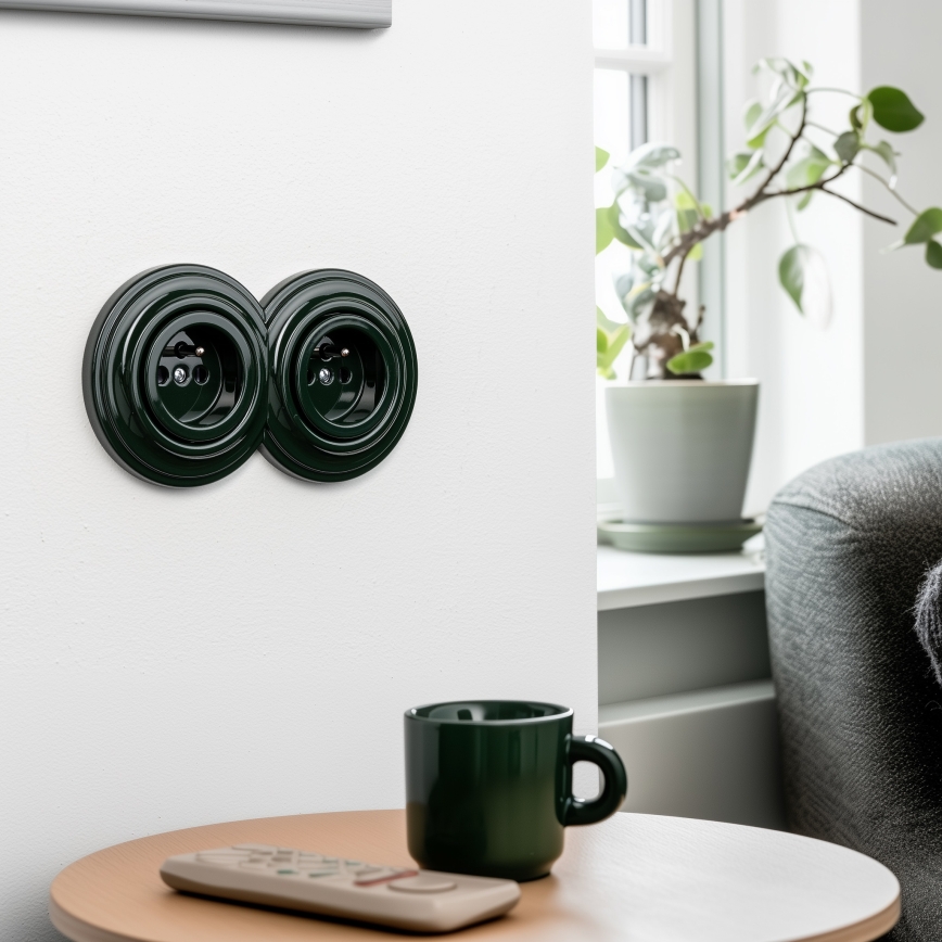 Kliklap - Podwójne retro gniazdko ścienne z ramką 230V zielone