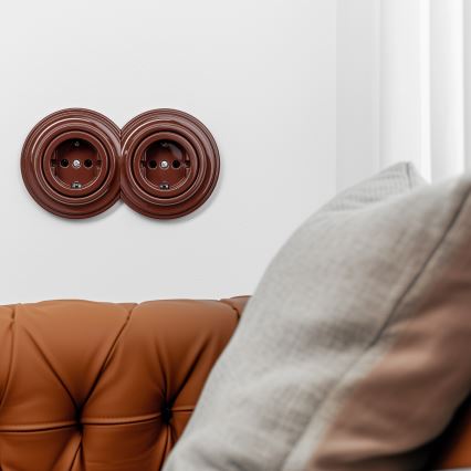Kliklap - Podwójne retro gniazdo domowe z ramką 230V brązowe