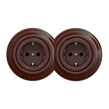 Kliklap - Podwójne retro gniazdo domowe z ramką SCHUKO 230 V, brązowe