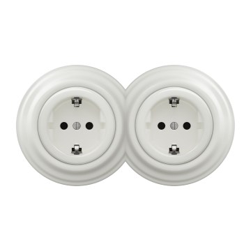 Kliklap - Podwójne retro gniazdo domowe z ramką (SCHUKO) 230V/16A, ceramiczna biel