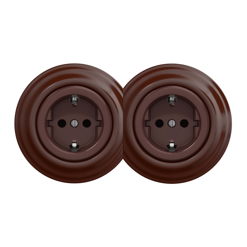 Kliklap - Podwójne retro gniazdo domowe z ramką SCHUKO 230V, brązowe
