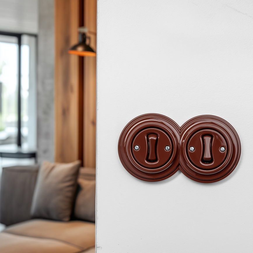 Kliklap - Podwójny retro włącznik jednobiegunowy z ramką nr 1, brązowy