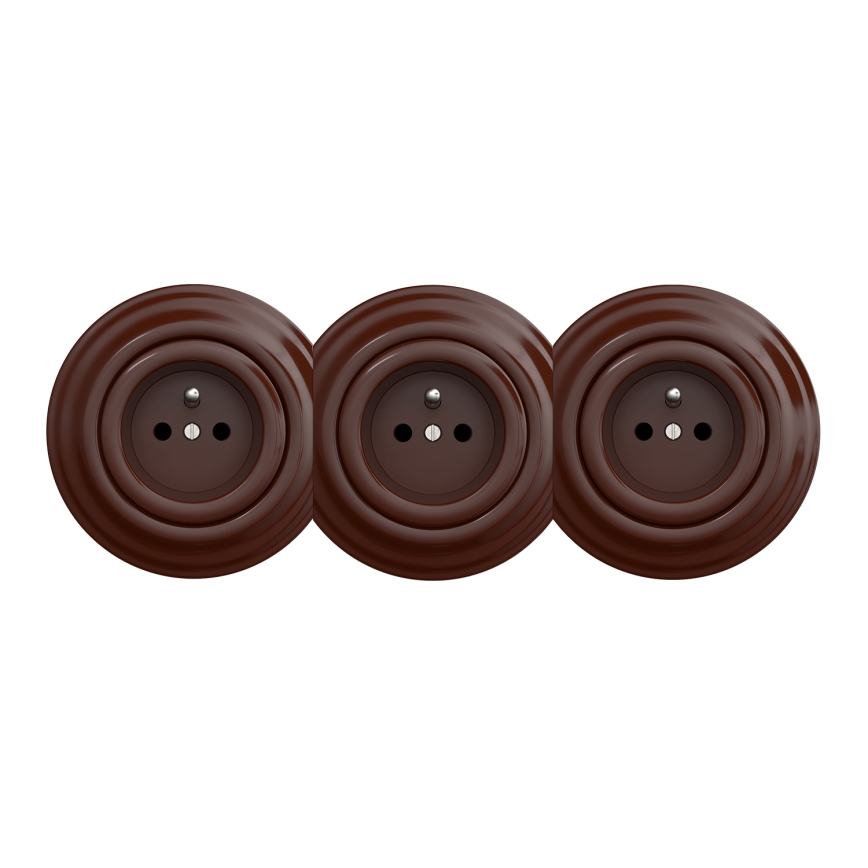 Kliklap - Potrójne retro gniazdko domowe z ramką 230V brązowe