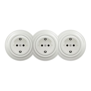 Kliklap - Potrójne retro gniazdko domowe z ramką SCHUKO 230V, białe, ceramiczne