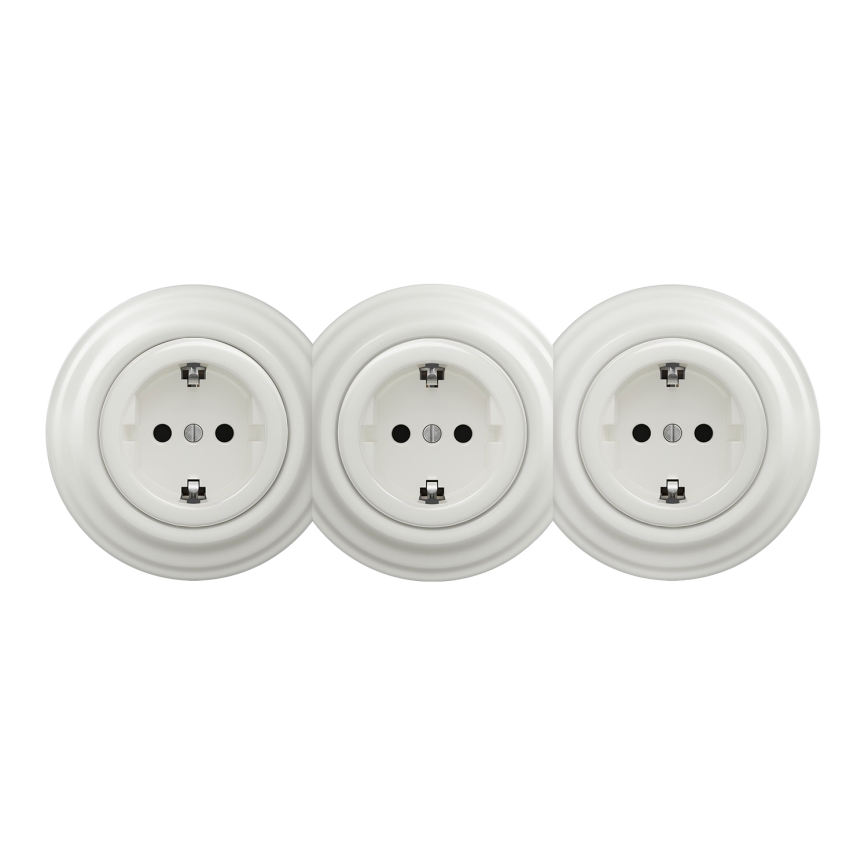 Kliklap - Potrójne retro gniazdko domowe z ramką SCHUKO 230V, białe