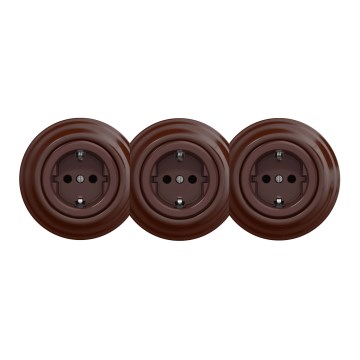 Kliklap - Potrójne retro gniazdko domowe z ramką SCHUKO 230V brązowe
