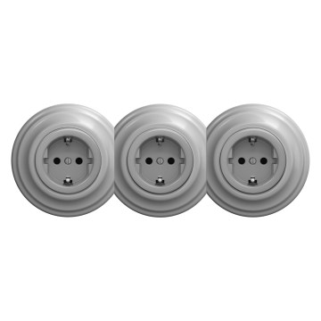 Kliklap - Potrójne retro gniazdko domowe z ramką SCHUKO 230V szare