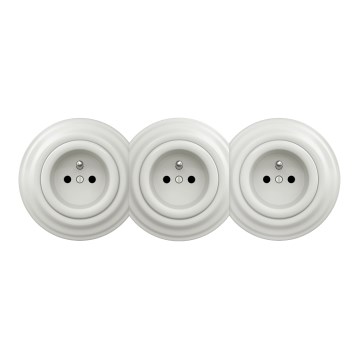 Kliklap - Potrójne retro gniazdko ścienne z ramką 230 V, ceramiczna biel