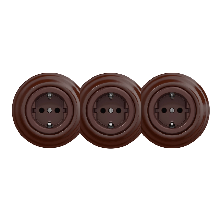 Kliklap - Potrójne retro gniazdko ścienne z ramką SCHUKO 230V, brązowe