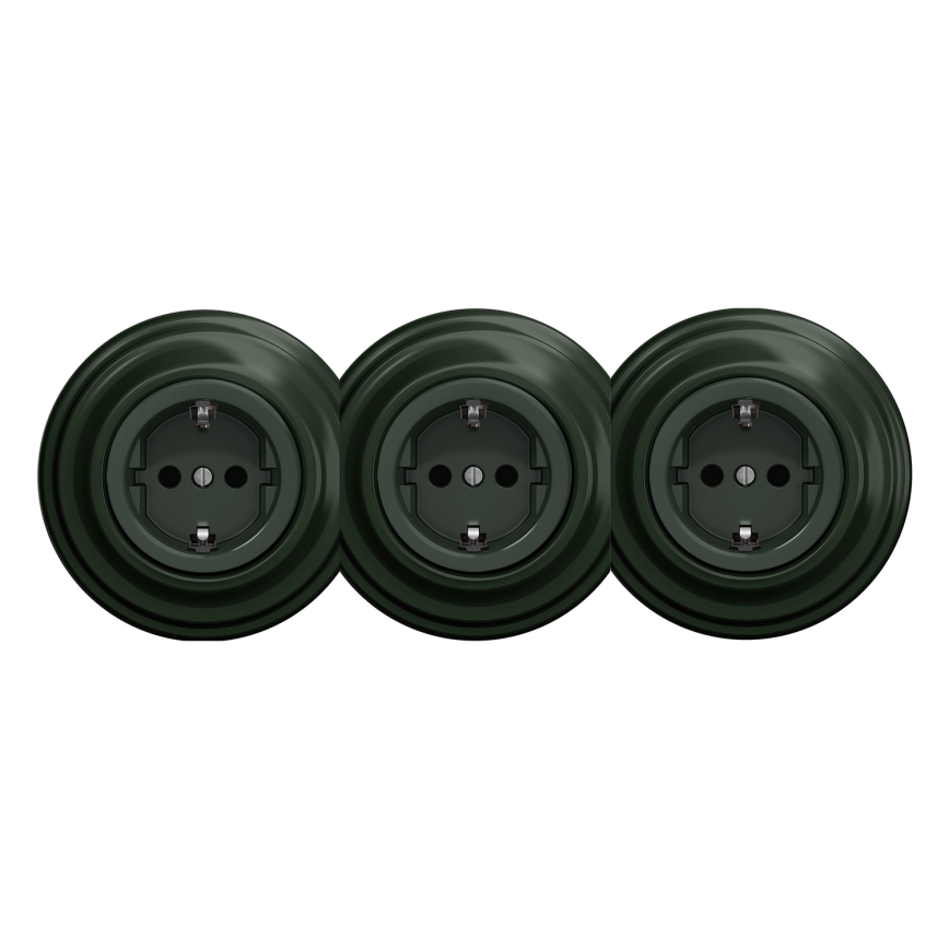 Kliklap - Potrójne retro gniazdo domowe z ramką SCHUKO 230V zielone