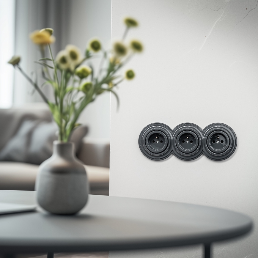 Kliklap - Potrójne retro gniazdo ścienne z ramką 230V antracyt