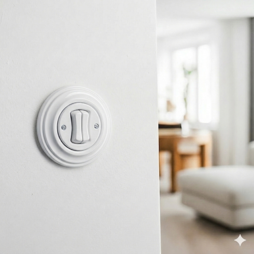 Kliklap - Retro biały ceramiczny wyłącznik z serii z ramką nr 5