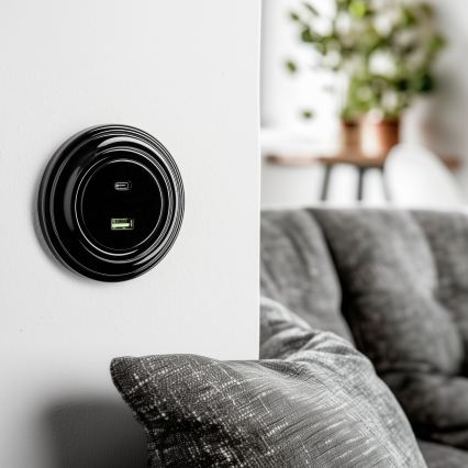 Kliklap - Retro gniazdko USB A+C z ramką czarne