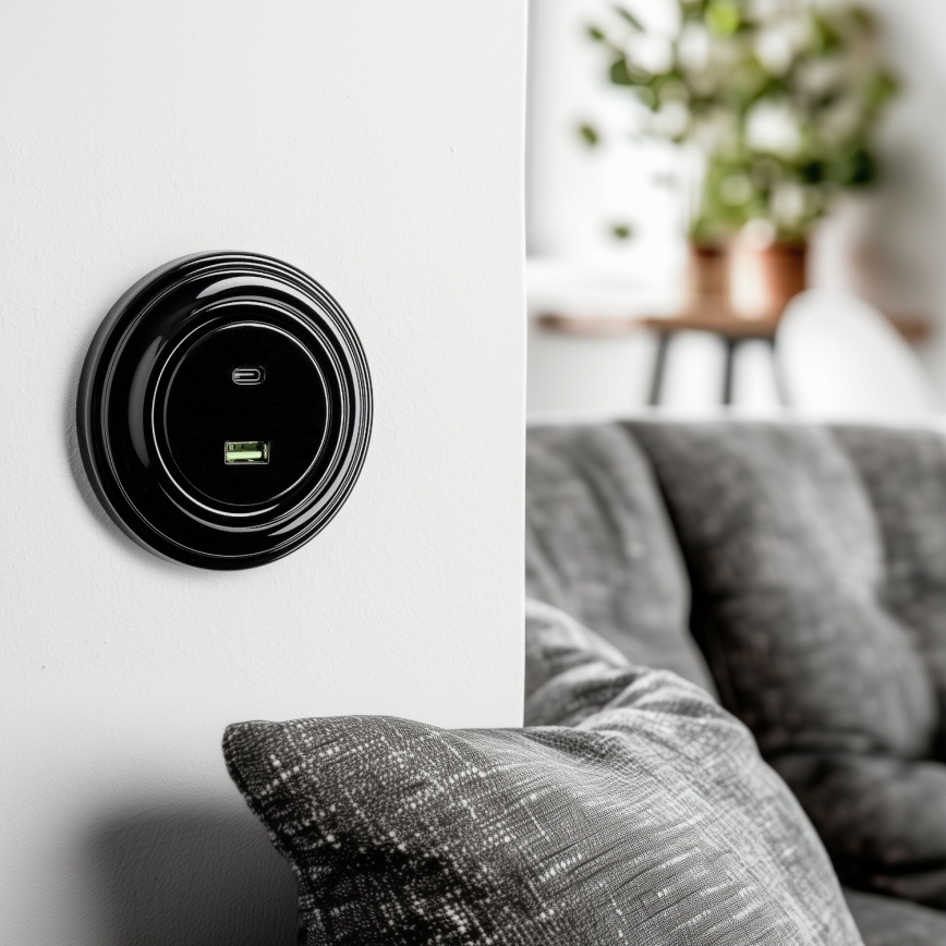 Kliklap - Retro gniazdko USB A+C z ramką czarne