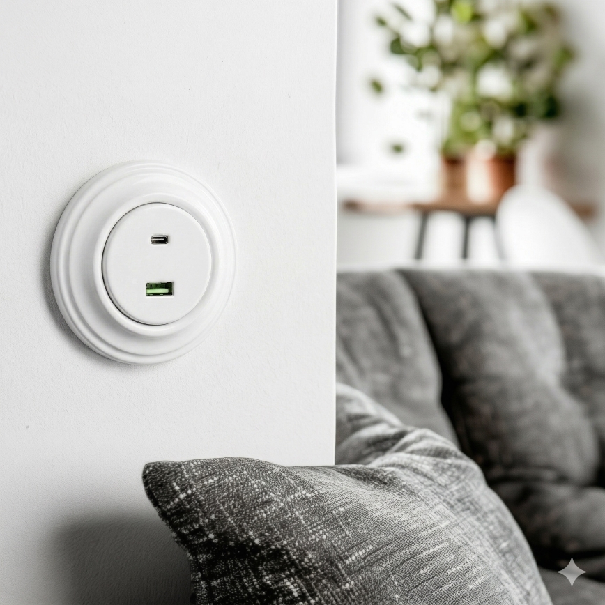 Kliklap - Retro gniazdko USB A+C z ramką śnieżnobiałą