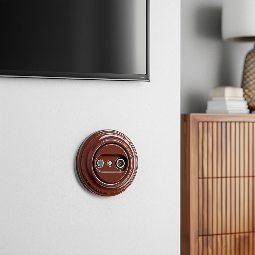 Kliklap - Retro gniazdo abonenckie TV+R (końcowe) z ramką, brązowe