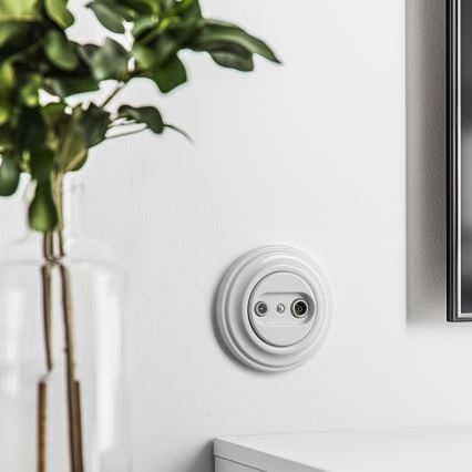 Kliklap - Retro gniazdo abonenckie TV+R (przelotowe) w ramce śnieżnobiałej