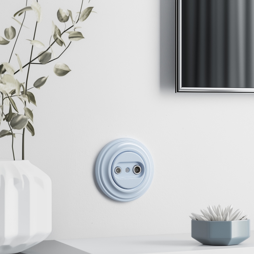 Kliklap - Retro gniazdo abonenckie TV+R (przelotowe) z ramką, niebieskie