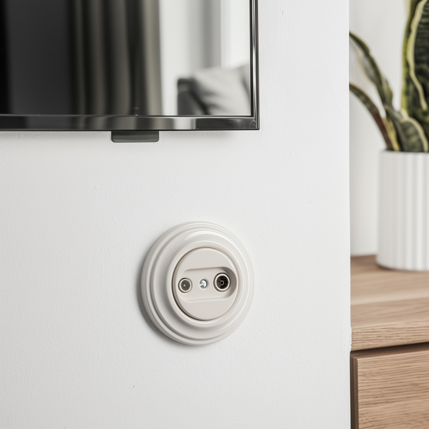 Kliklap - Retro gniazdo antenowe TV+R (przelotowe) z ramką beżowe