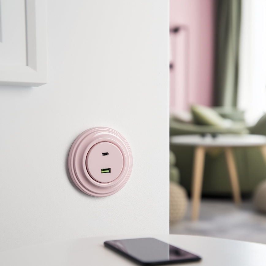 Kliklap - Retro gniazdo USB A+C z ramką w kolorze starego różu