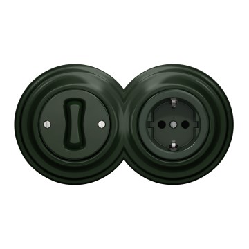 Kliklap - Retro jednobiegunowy włącznik nr 1 i gniazdo SCHUKO 230V z ramką, zielone