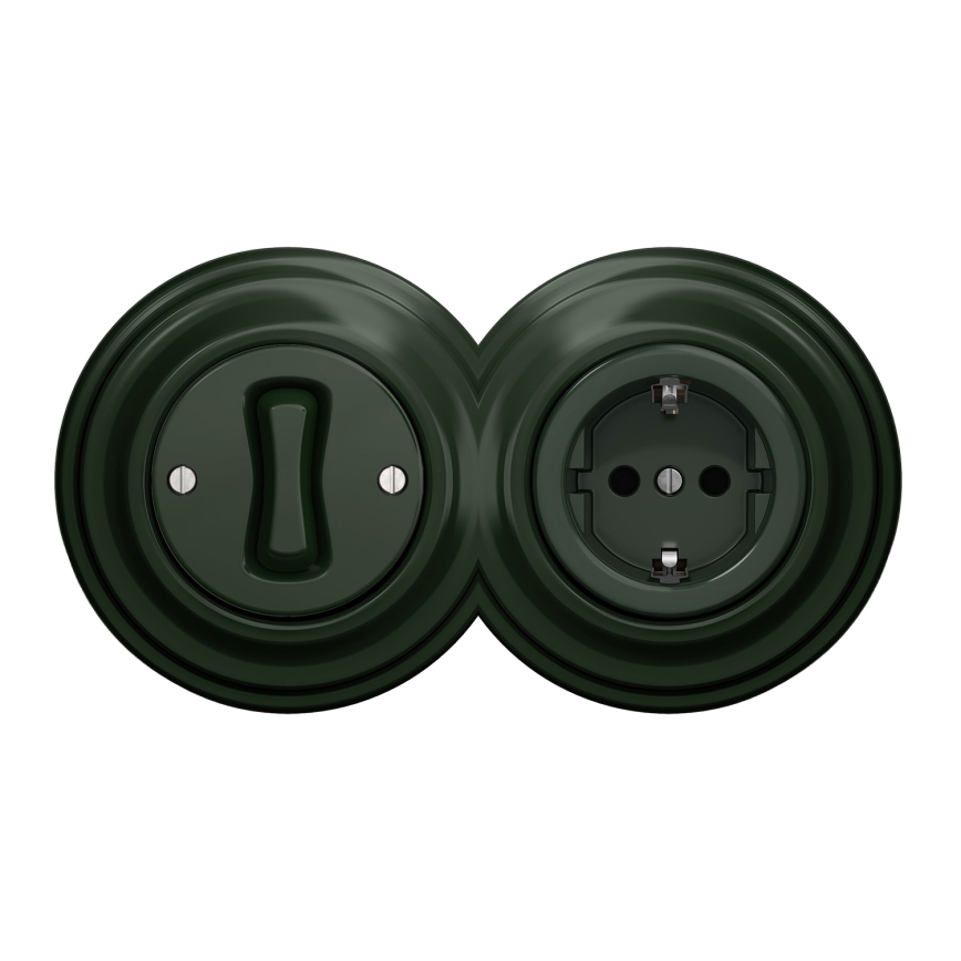 Kliklap - Retro jednobiegunowy włącznik nr 1 i gniazdo SCHUKO 230V z ramką, zielone