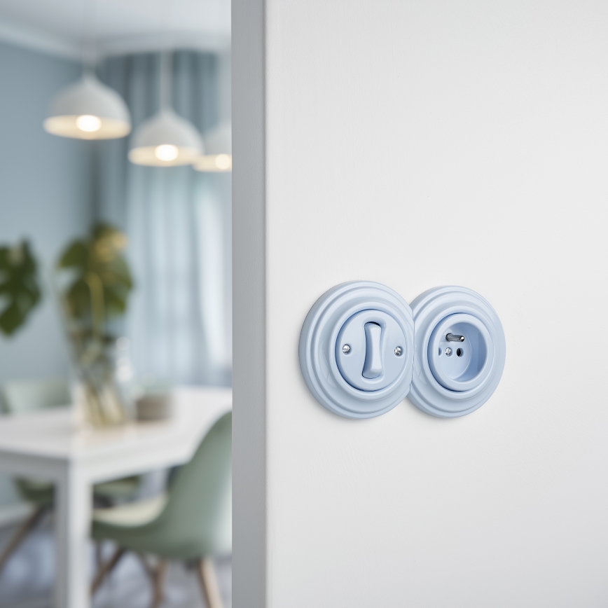 Kliklap - Retro jednobiegunowy wyłącznik nr 1 i gniazdo 230 V w ramce, niebieskie