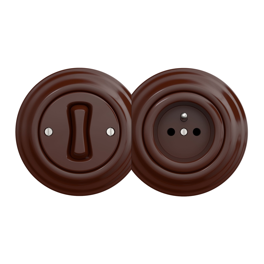 Kliklap - Retro jednobiegunowy wyłącznik nr 1 i gniazdo 230 V z brązową ramką