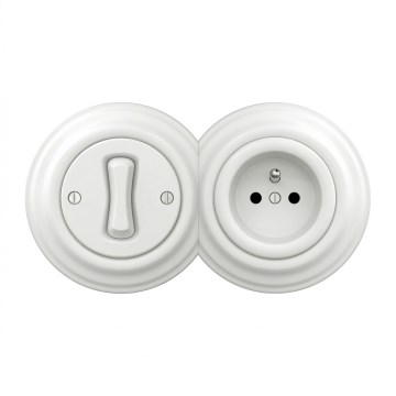 Kliklap - Retro jednobiegunowy wyłącznik nr 1 i gniazdo 230 V z ramką w kolorze śnieżnobiałym