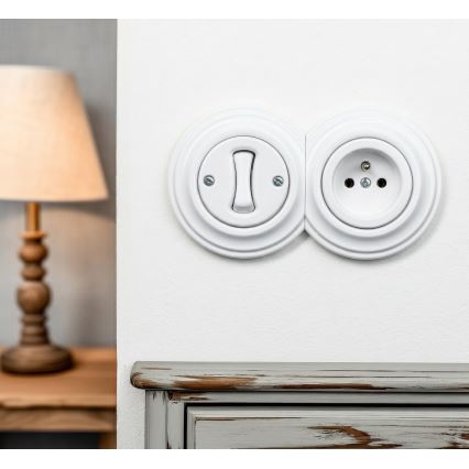 Kliklap - Retro jednobiegunowy wyłącznik nr 1 i gniazdo 230 V z ramką w kolorze śnieżnobiałym