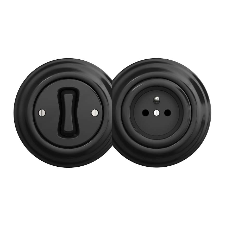 Kliklap - Retro jednobiegunowy wyłącznik nr 1 i gniazdo 230V z ramką czarne