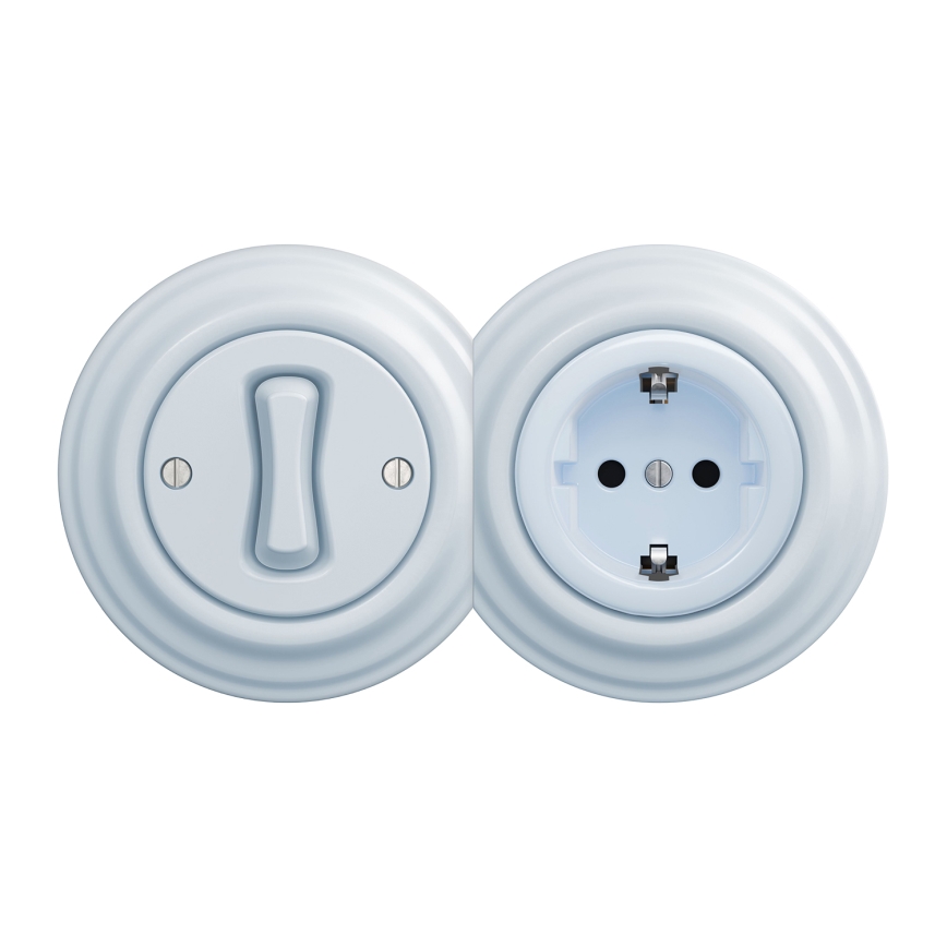 Kliklap - Retro jednobiegunowy wyłącznik nr 1 i gniazdo SCHUKO 230V w ramce, niebieskie