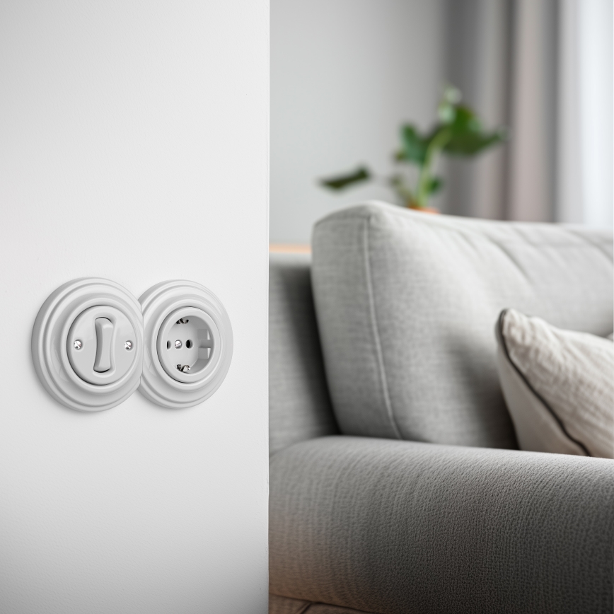 Kliklap - Retro jednobiegunowy wyłącznik nr 1 i gniazdo SCHUKO 230 V z ceramiczną ramką w kolorze białym