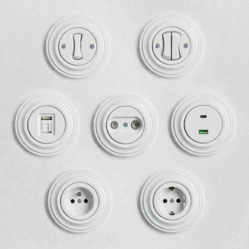 Kliklap - Retro podwójny włącznik z ramką, śnieżnobiały