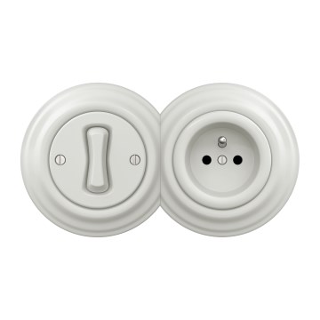 Kliklap - Retro włącznik jednobiegunowy nr 1 i gniazdo 230 V z ramką, w białej ceramice