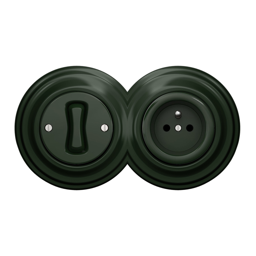 Kliklap - Retro wyłącznik jednobiegunowy nr 1 i gniazdo 230 V z ramką w kolorze zielonym