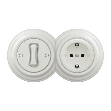 Kliklap - Retro wyłącznik jednobiegunowy nr 1 i gniazdo SCHUKO 230 V w ramce, biały