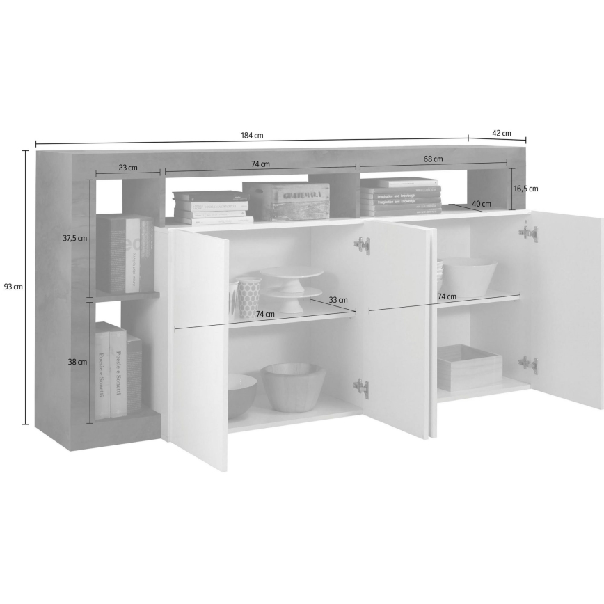 Komoda LENOR 184x93x42 cm biała/szara beton