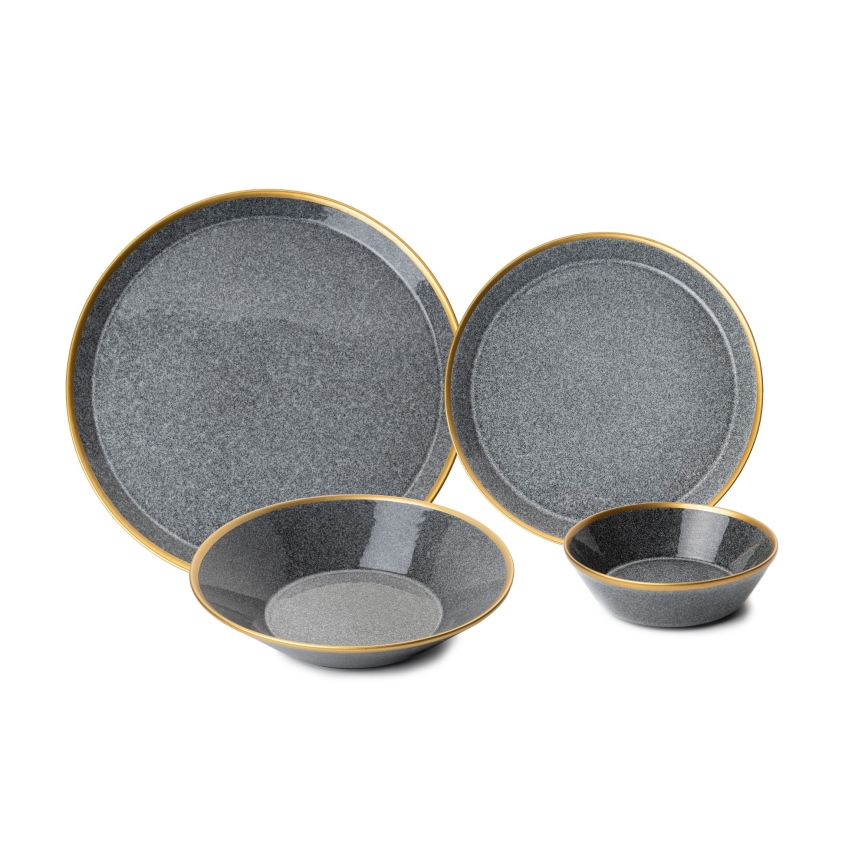 Komplet obiadowy 16 części antracyt/złoto/porcelana