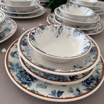 Komplet obiadowy 24 części — ceramiczny, w kolorach: biały / niebieski / brązowy