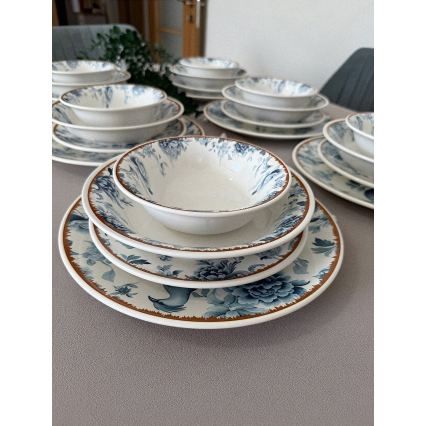 Komplet obiadowy 24 części — ceramiczny, w kolorach: biały / niebieski / brązowy