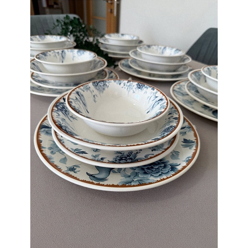Komplet obiadowy 24 części — ceramiczny, w kolorach: biały / niebieski / brązowy