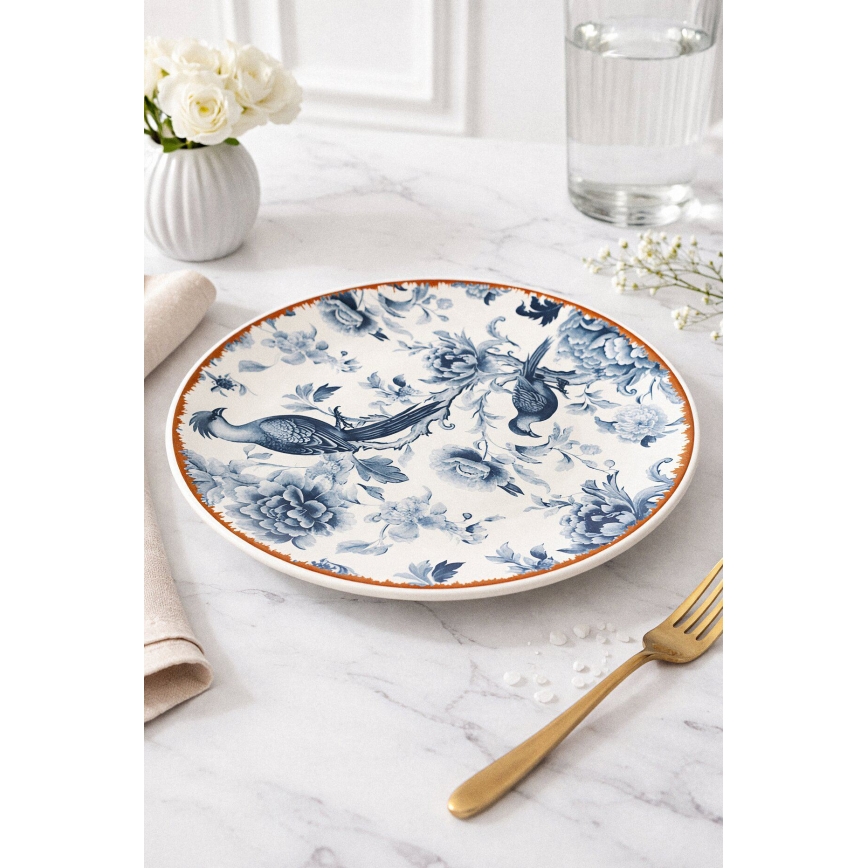 Komplet obiadowy 24 części — ceramiczny, w kolorach: biały / niebieski / brązowy