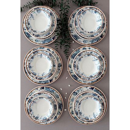 Komplet obiadowy 24 części — ceramiczny, w kolorach: biały / niebieski / brązowy
