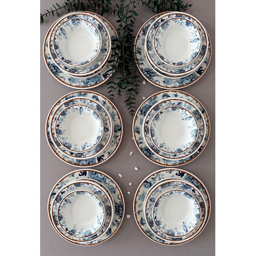 Komplet obiadowy 24 części — ceramiczny, w kolorach: biały / niebieski / brązowy